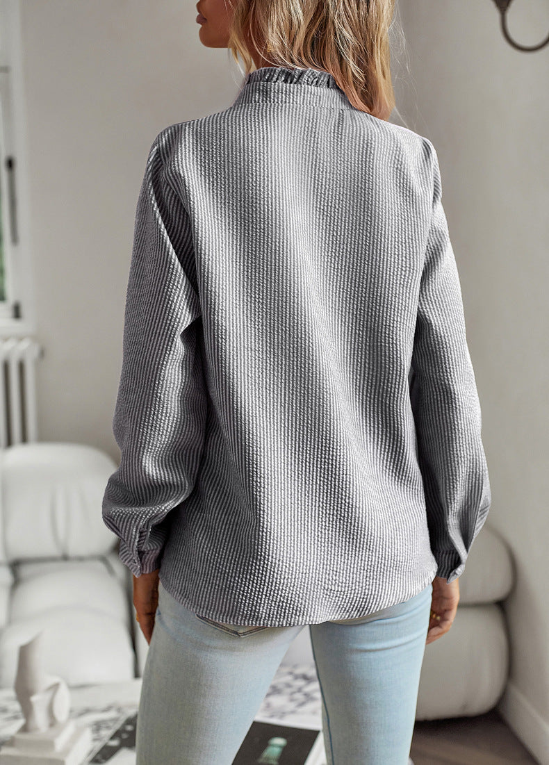 Women's Striped Ruffle Long-Sleeve Button-Up Blouse (photo 5)