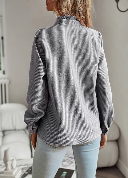 Women's Striped Ruffle Long-Sleeve Button-Up Blouse (photo 5)