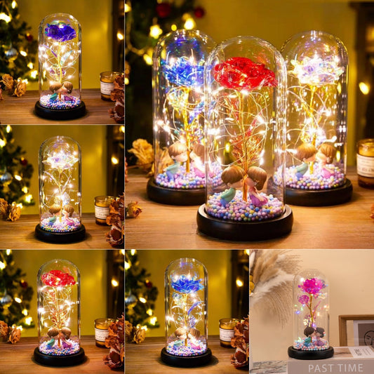 Foil Rose LED Light in Glass Dome, 22 x 11 cm
