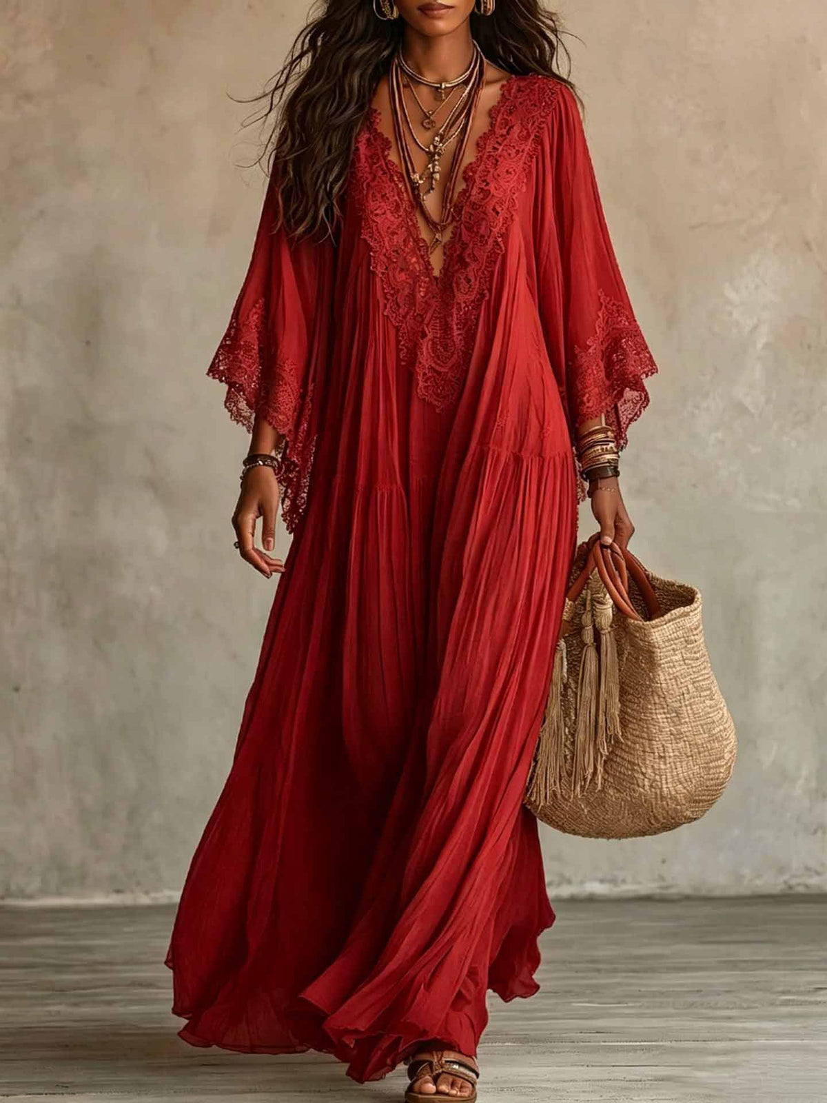 Women's V-Neck Maxi Dress with Lace Trim (photo 14)