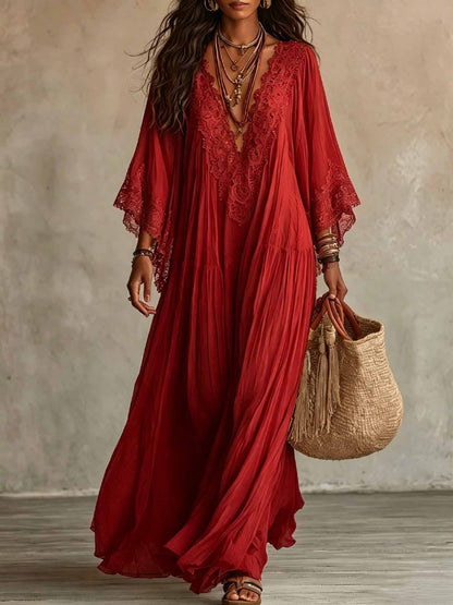 Women's V-Neck Maxi Dress with Lace Trim (photo 14)