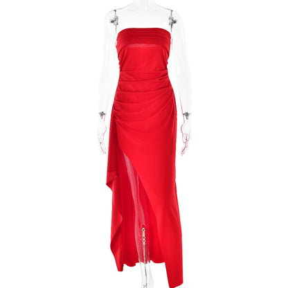 Women's Strapless Pleated Split Maxi Dress (photo 10)