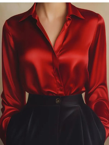 Women's Satin Button-Up Long-Sleeve Blouse (photo 19)
