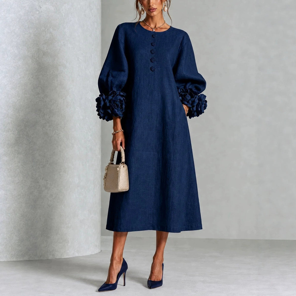 Women's A-Line Midi Dress with 3D Floral Details and Puff Sleeves (photo 4)