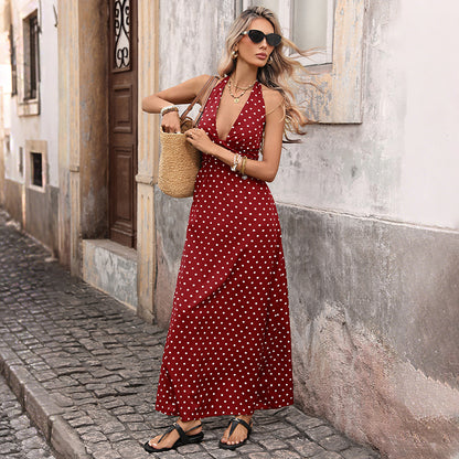 Women's Polka Dot Sleeveless Halter Long Dress (photo 5)