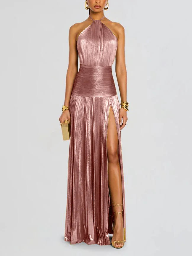 Women's Pleated Halter-Neck Maxi Dress with Slit (photo 3)