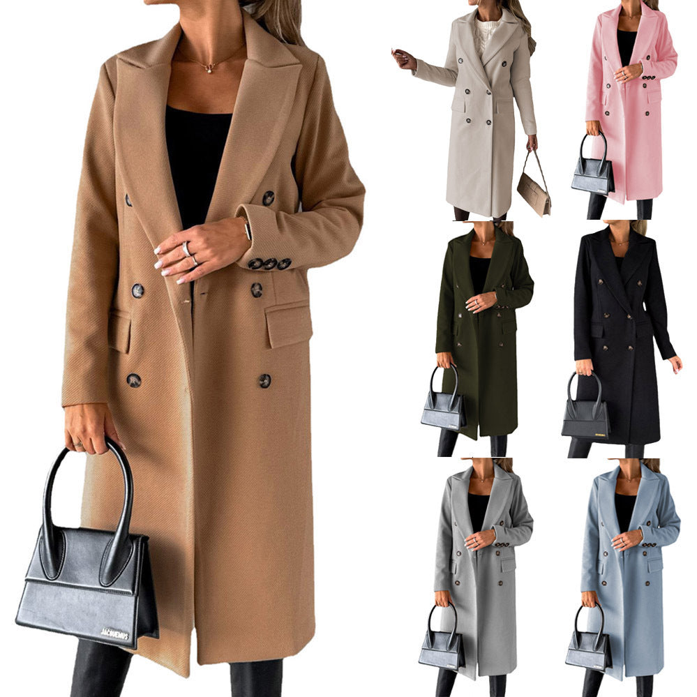Women's Double-Breasted Lapel Slim Long Coat (photo 13)