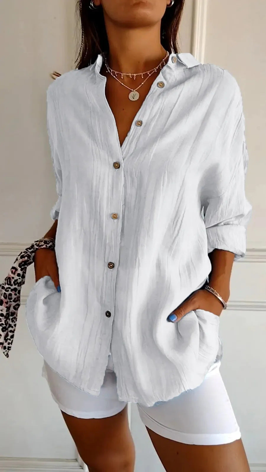 Women's Lapel Long-Sleeve Pleated Button-Front Shirt (photo 8)