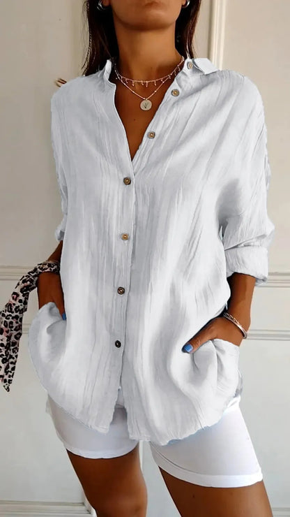 Women's Lapel Long-Sleeve Pleated Button-Front Shirt (photo 8)
