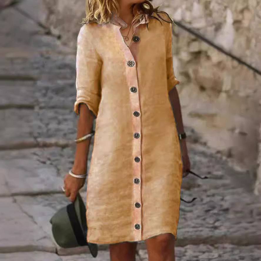 Women's Half-Sleeve V-Neck Button-Front Shirt Dress (photo 2)