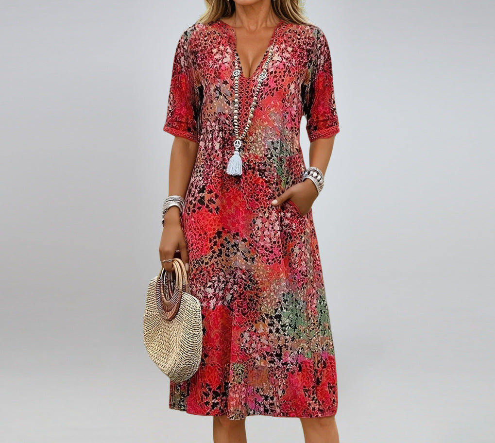 Women's V-Neck Half-Sleeve Printed Dress with Pockets (photo 4)
