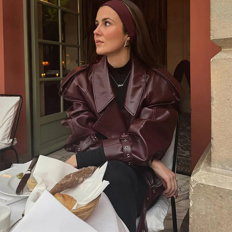 Women's Loose Lapel PU Leather Cropped Jacket (photo 3)