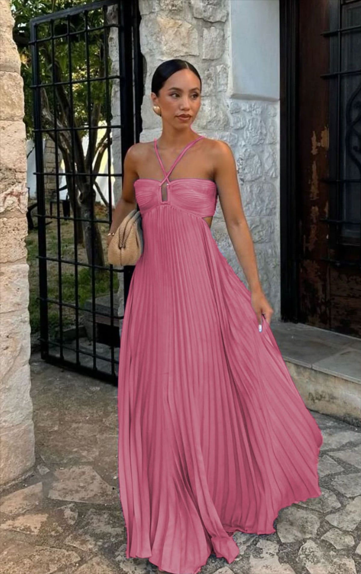 Women's Pleated Halter Maxi Dress with Cut-Out Detail (photo 8)