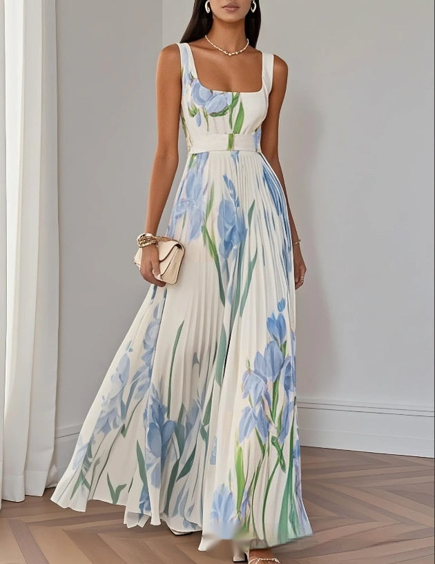 Women's Floral Pleated Sleeveless A-Line Midi Dress (photo 3)