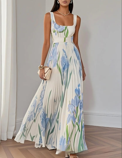 Women's Floral Pleated Sleeveless A-Line Midi Dress (photo 3)