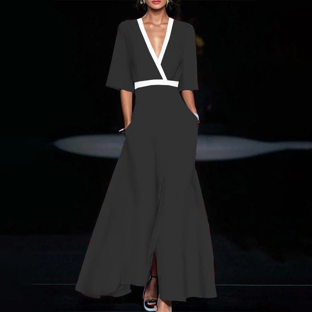 Women's Floral V-Neck Short-Sleeve Maxi Dress with Slit (photo 7)