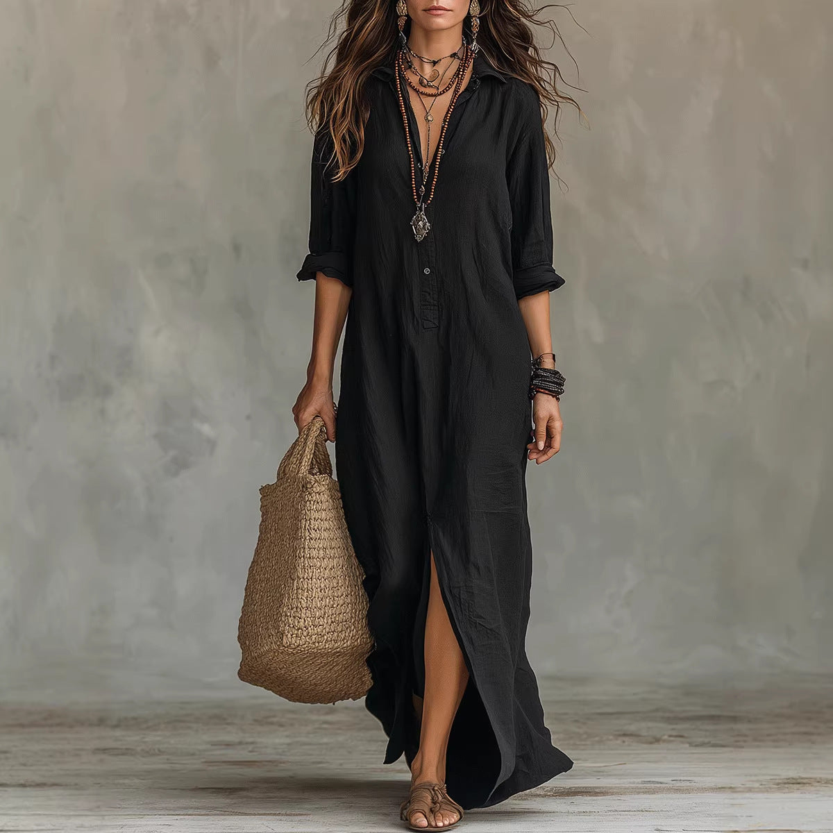 Women's Lapel-Collar Shirt Dress with Side Slit (photo 5)