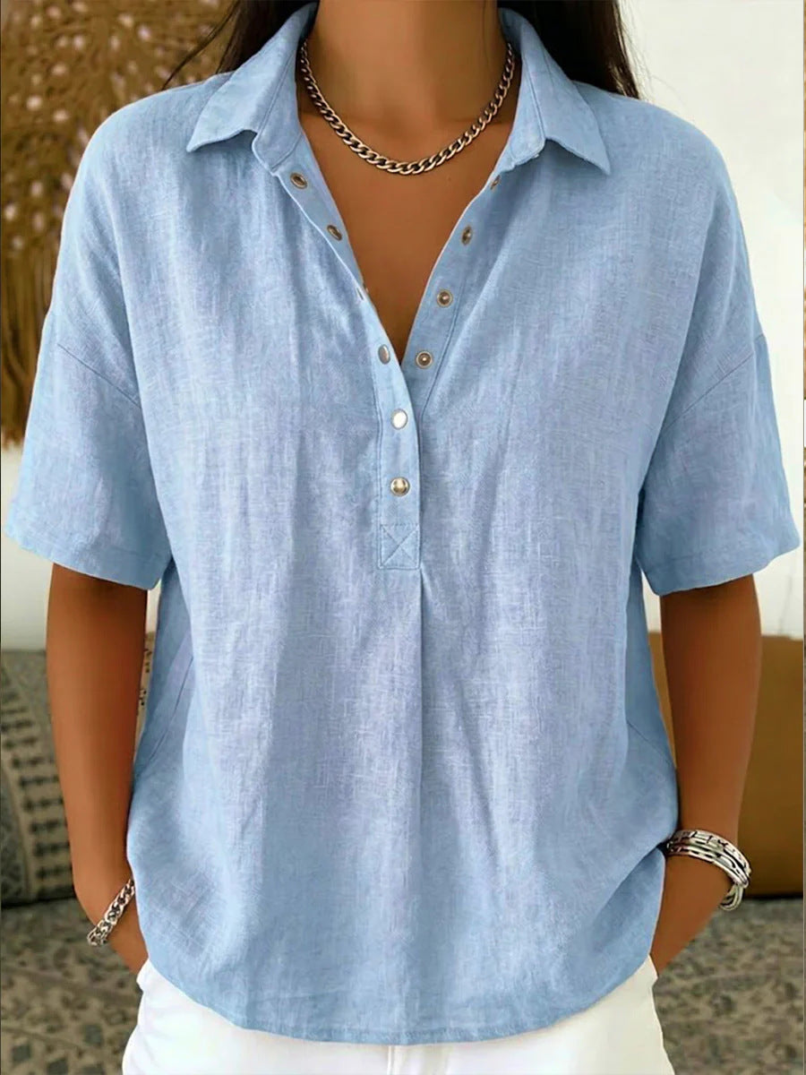 Women's Short-Sleeve Button-Detail Pullover Shirt (photo 6)