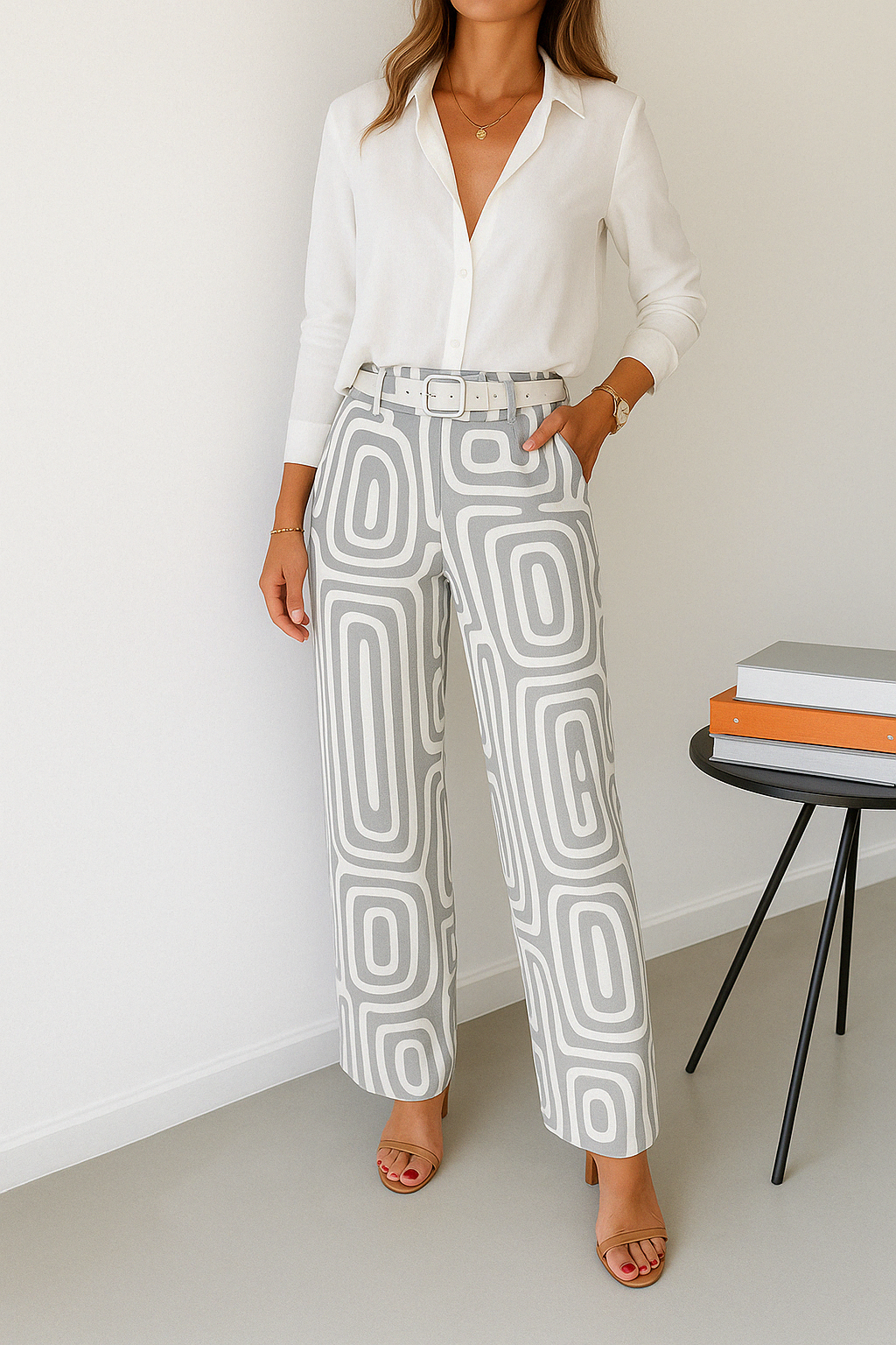 Woman wearing a white button-up shirt with gray and white geometric print wide-leg pants