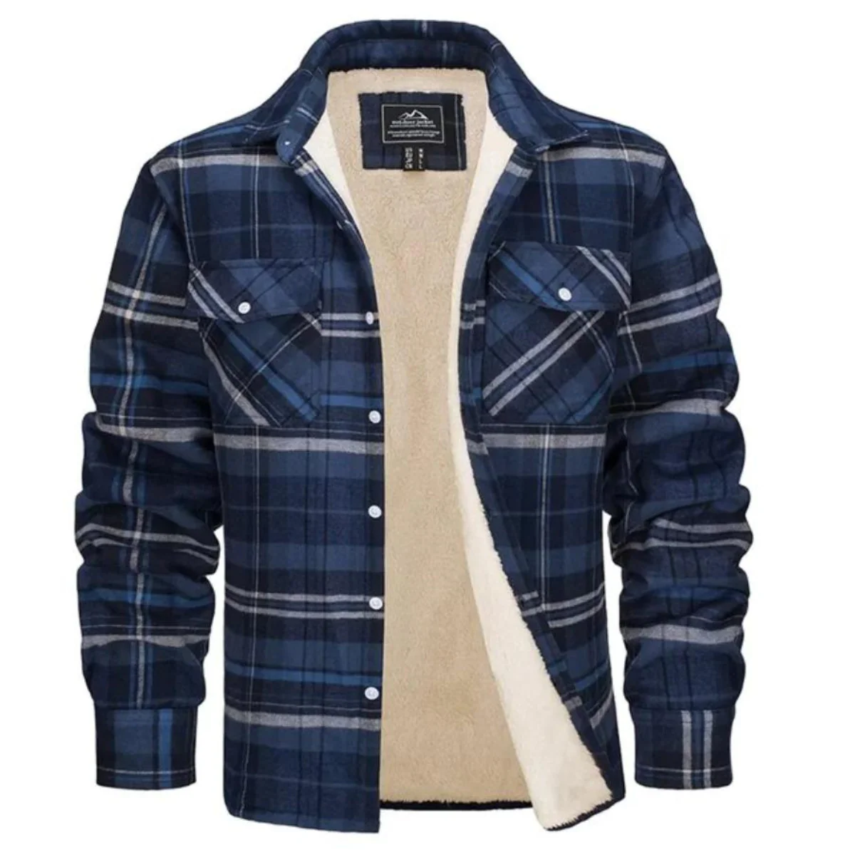 Blue and navy plaid sherpa-lined button-up jacket, front view