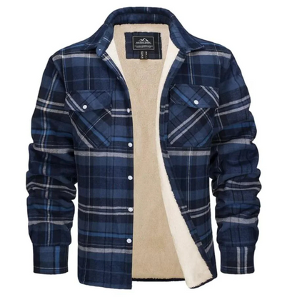 Blue and navy plaid sherpa-lined button-up jacket, front view