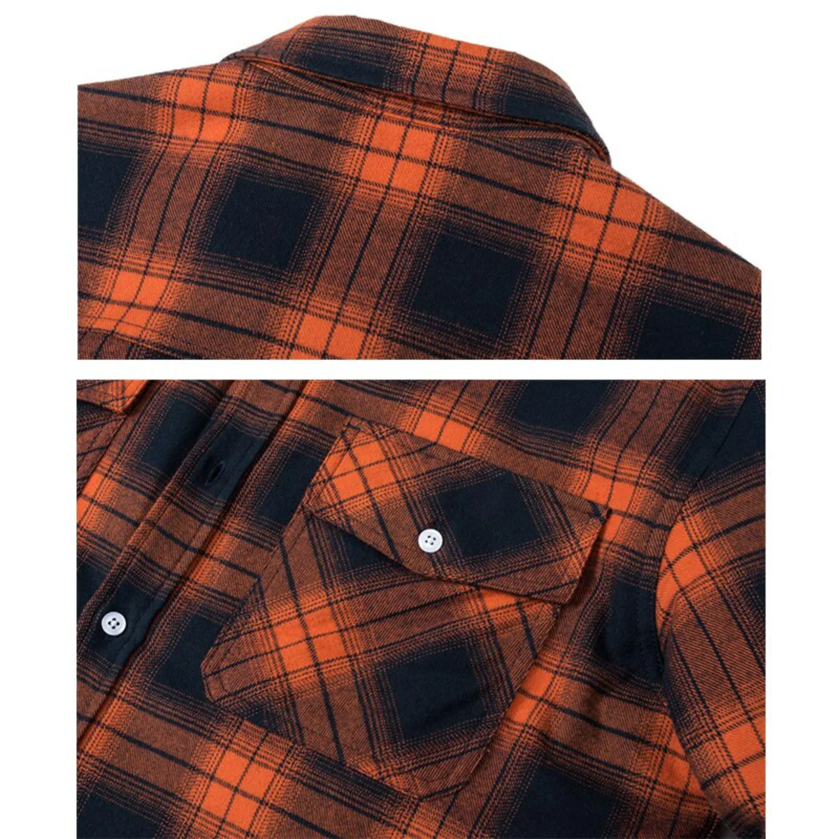 Close-up details of the orange and navy plaid flannel collar and chest pocket
