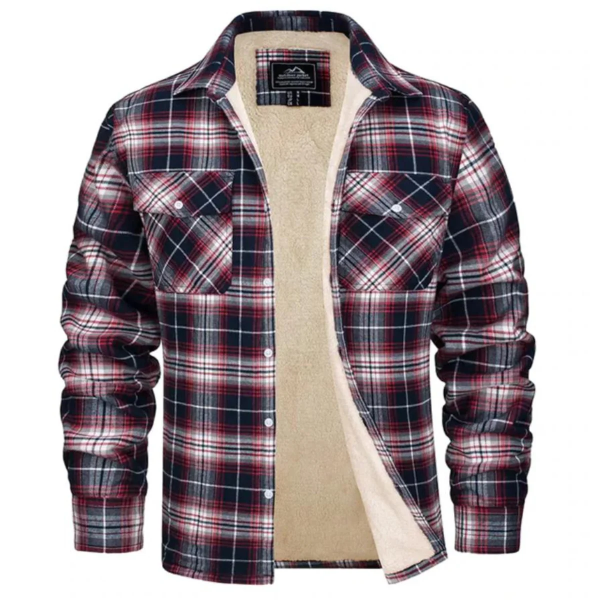 Burgundy, white and navy plaid sherpa-lined button-up jacket, front view