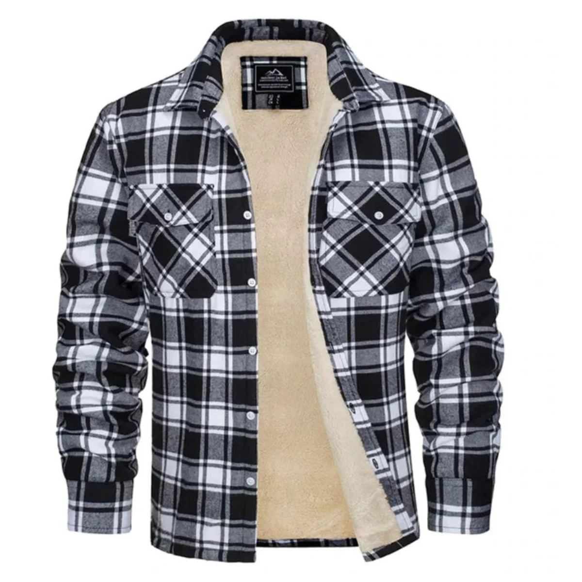 Black and white plaid sherpa-lined button-up jacket, front view