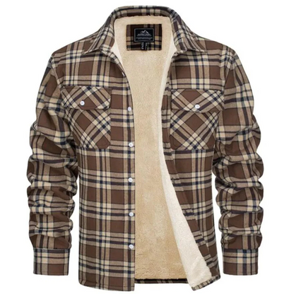 Brown and tan plaid sherpa-lined button-up jacket, front view