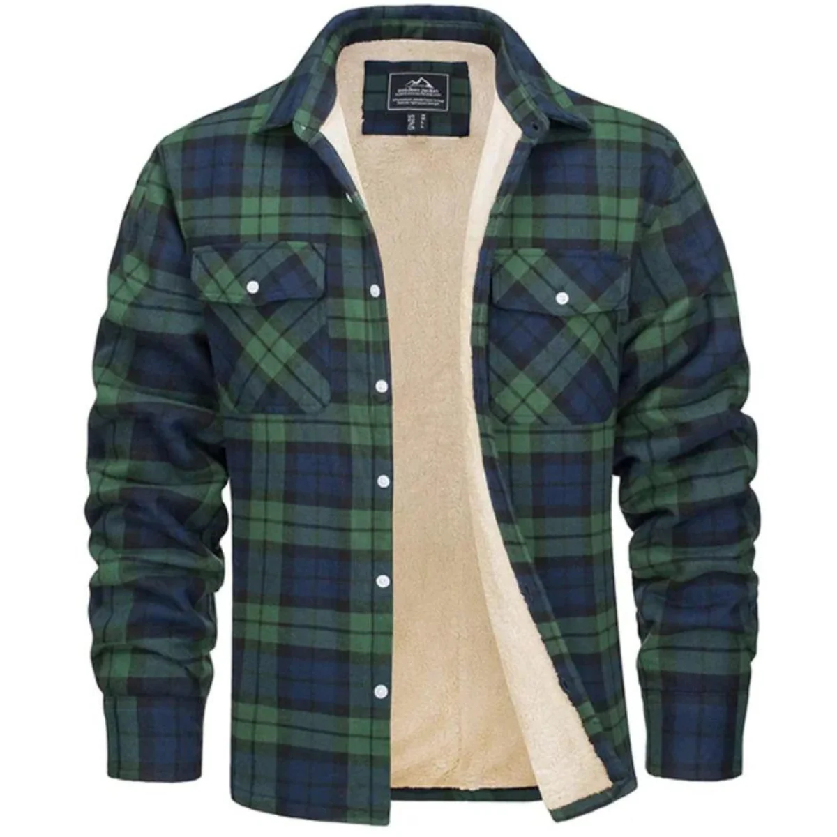 Green and navy plaid sherpa-lined button-up flannel jacket, front view
