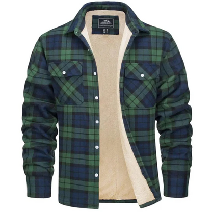 Green and navy plaid sherpa-lined button-up flannel jacket, front view