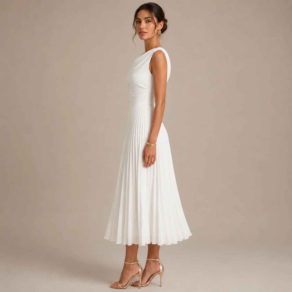 Side view of the white sleeveless chiffon midi dress