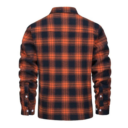 Back view of the orange and navy plaid flannel jacket