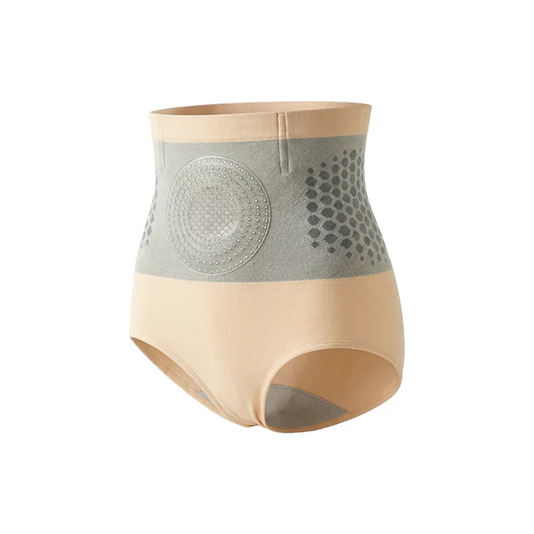Beige high-waisted compression briefs with a grey patterned tummy-control panel