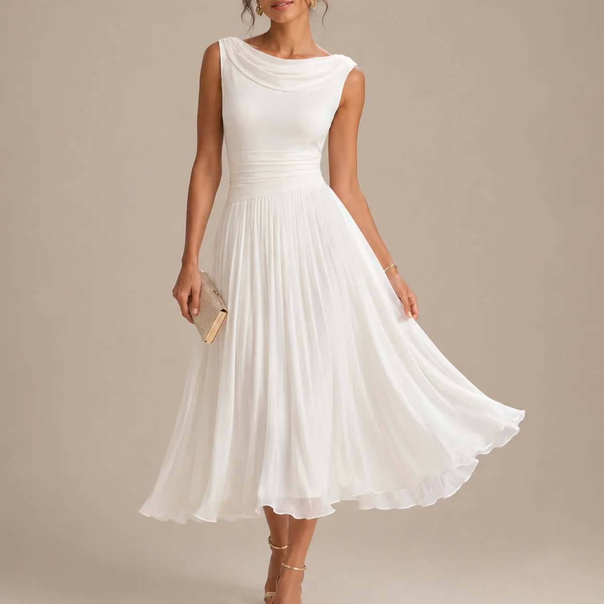 Woman wearing the white chiffon midi dress with a cowl neckline, holding the skirt