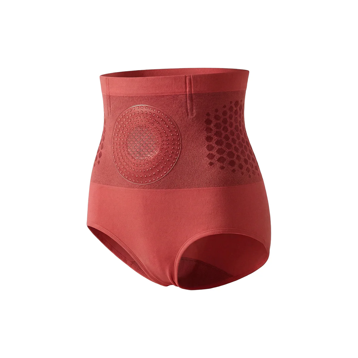 Red high-waisted compression briefs with a patterned tummy-control panel
