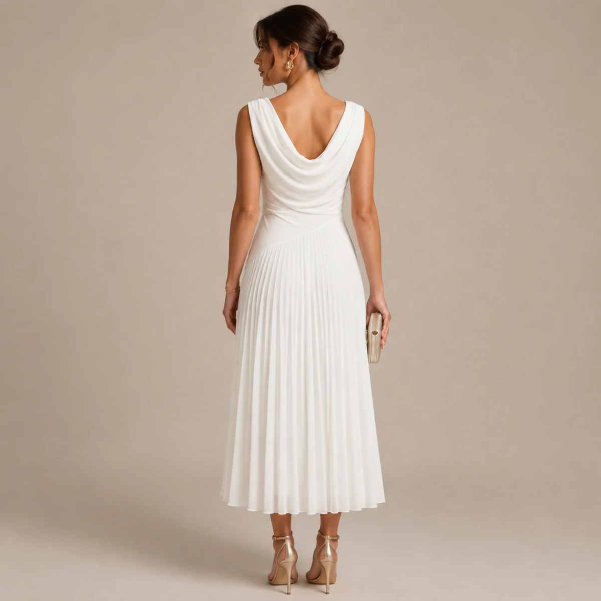 Back view of the white chiffon midi dress with a draped cowl back