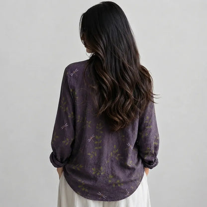 Back view of the dark purple boho blouse with long sleeves