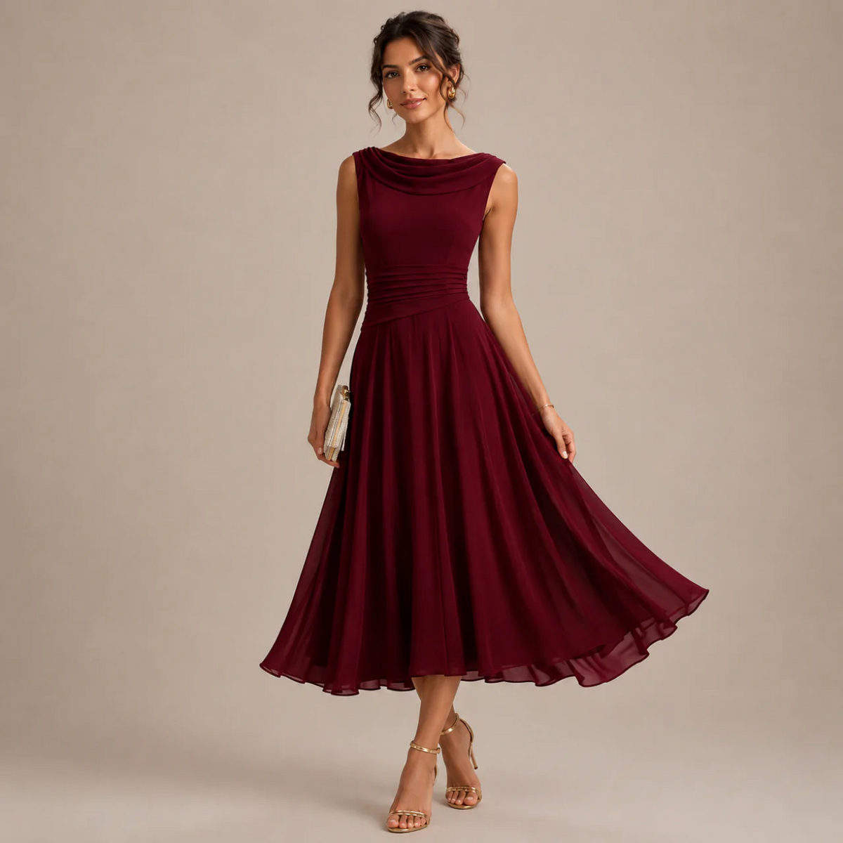Woman wearing a burgundy sleeveless chiffon midi dress with a flared skirt, front view