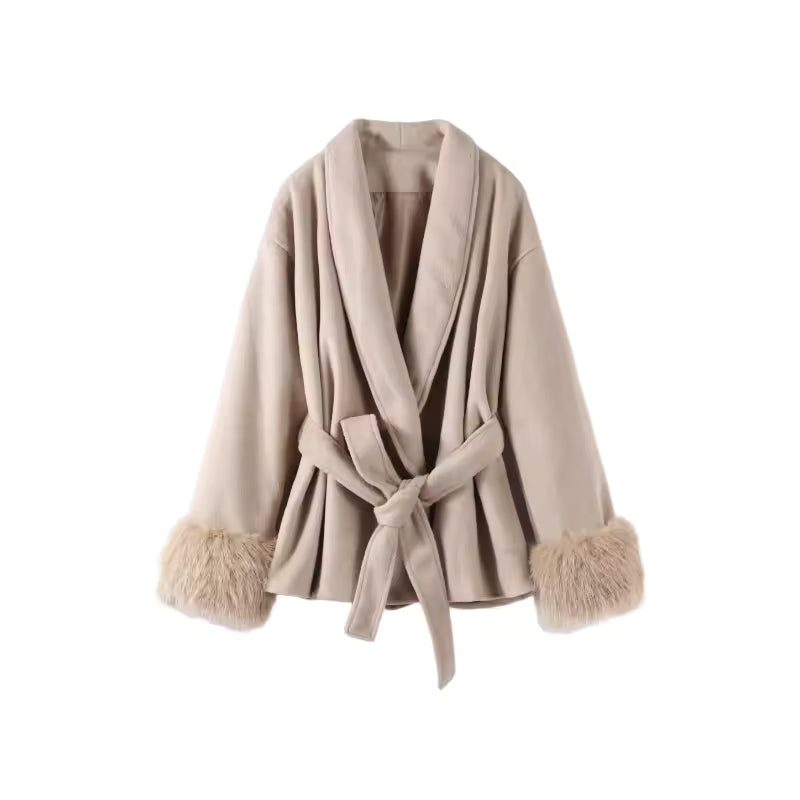 Beige wrap coat with a tie belt and fluffy cuffs, front view on a white background