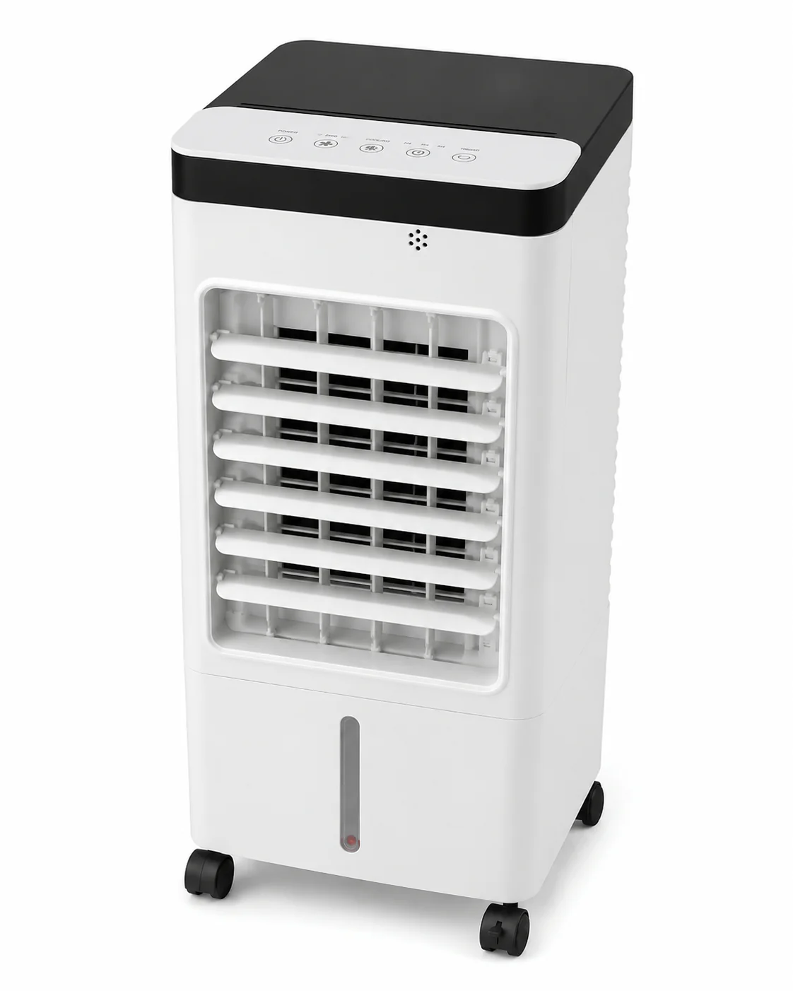 Front view of the white portable air cooler with a black control panel, louvered vents and wheels