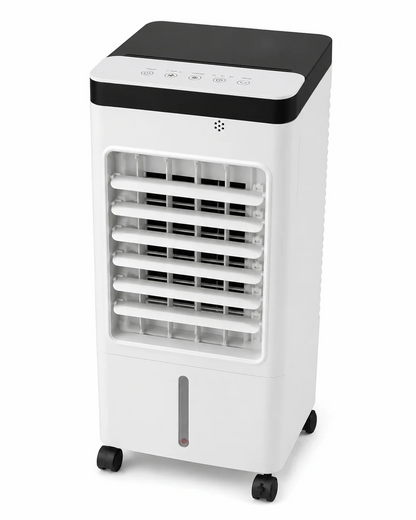 Front view of the white portable air cooler with a black control panel, louvered vents and wheels