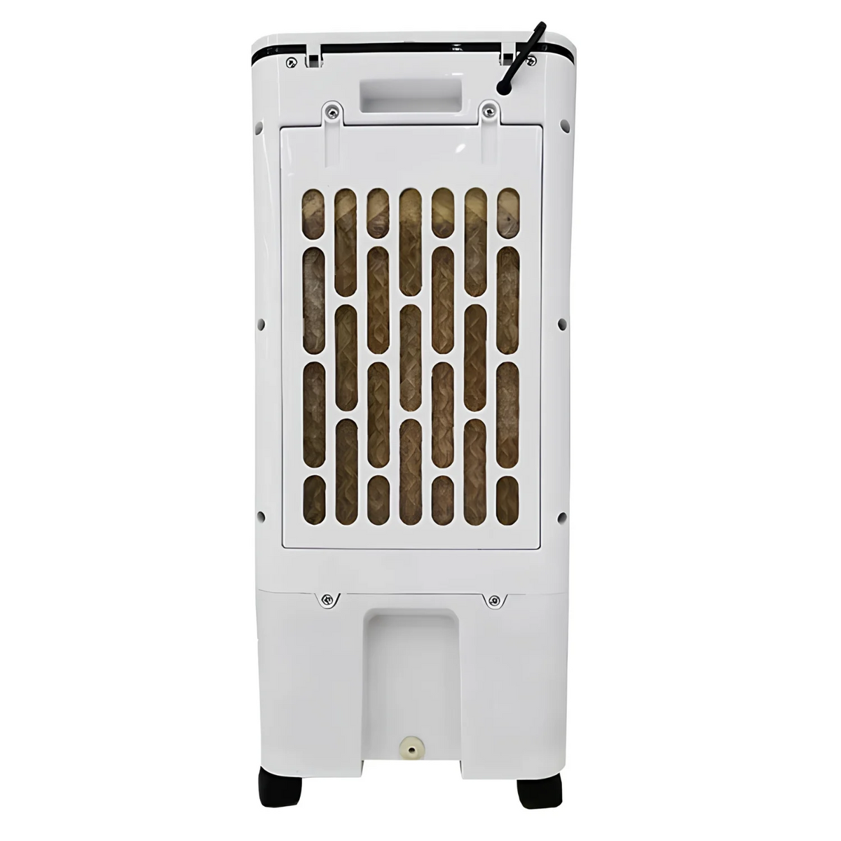 Back view of the white portable air cooler showing the rear filter panel and power cord