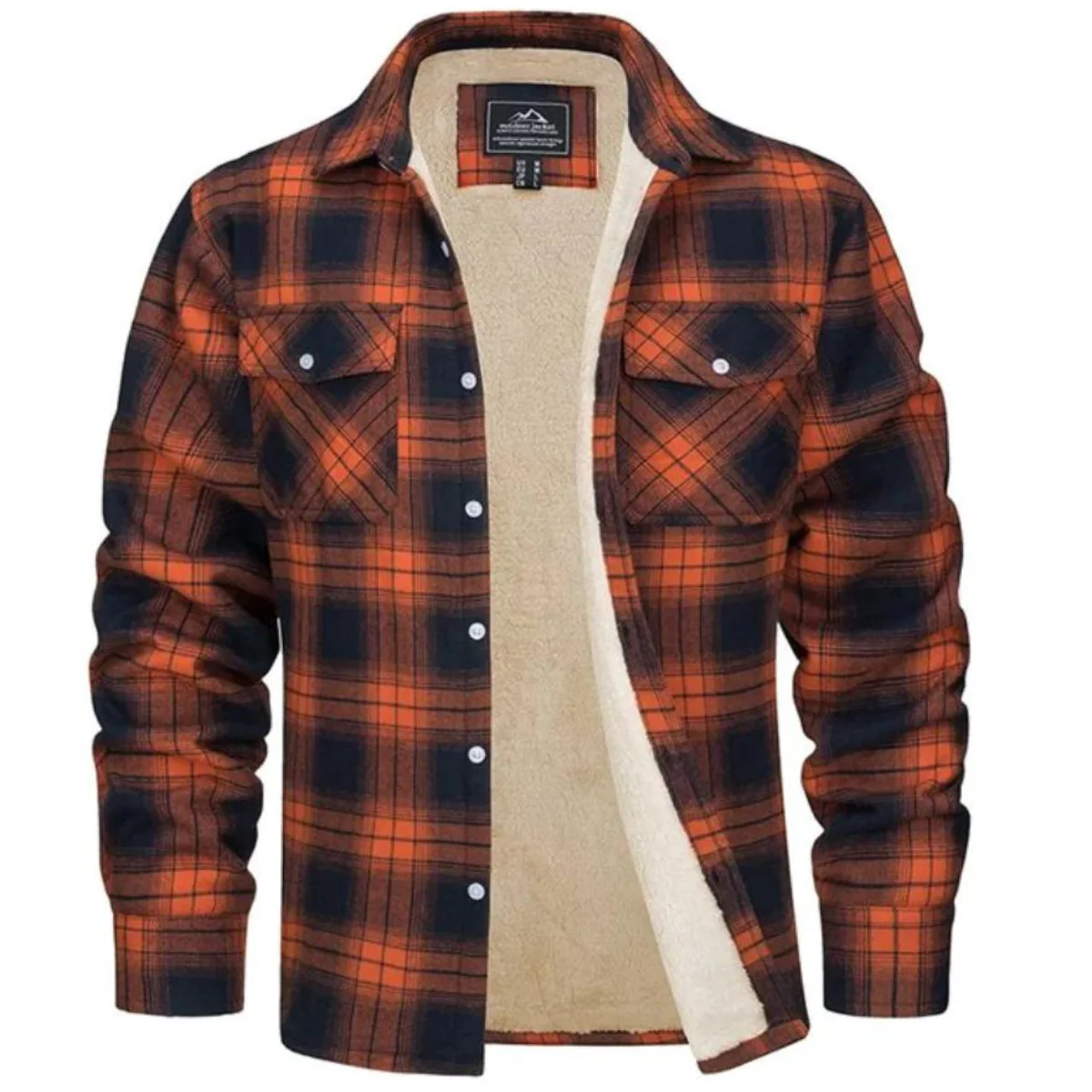 Orange and navy plaid sherpa-lined button-up flannel jacket with chest pockets, front view