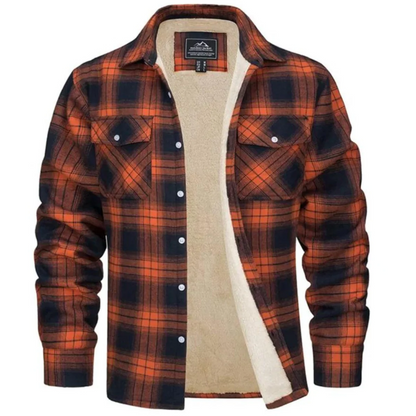 Orange and navy plaid sherpa-lined button-up flannel jacket with chest pockets, front view