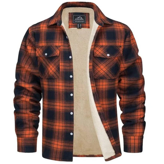 Orange and navy plaid sherpa-lined button-up flannel jacket with chest pockets, front view