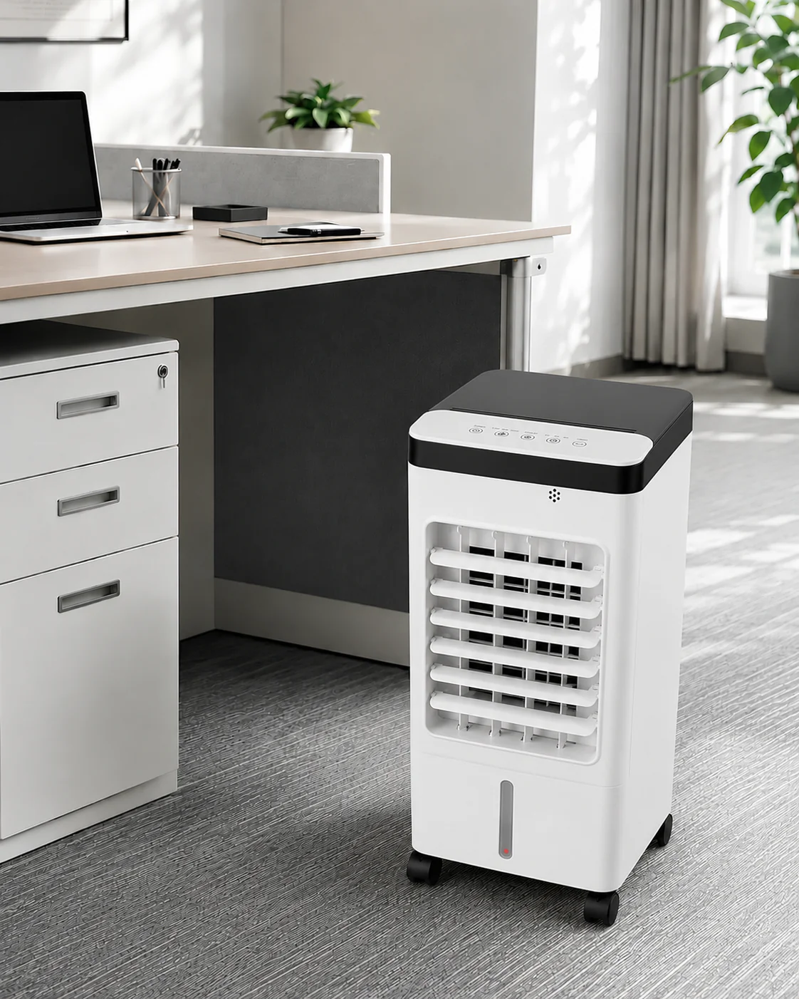 White portable air cooler fan with a black top panel beside a desk in a home office
