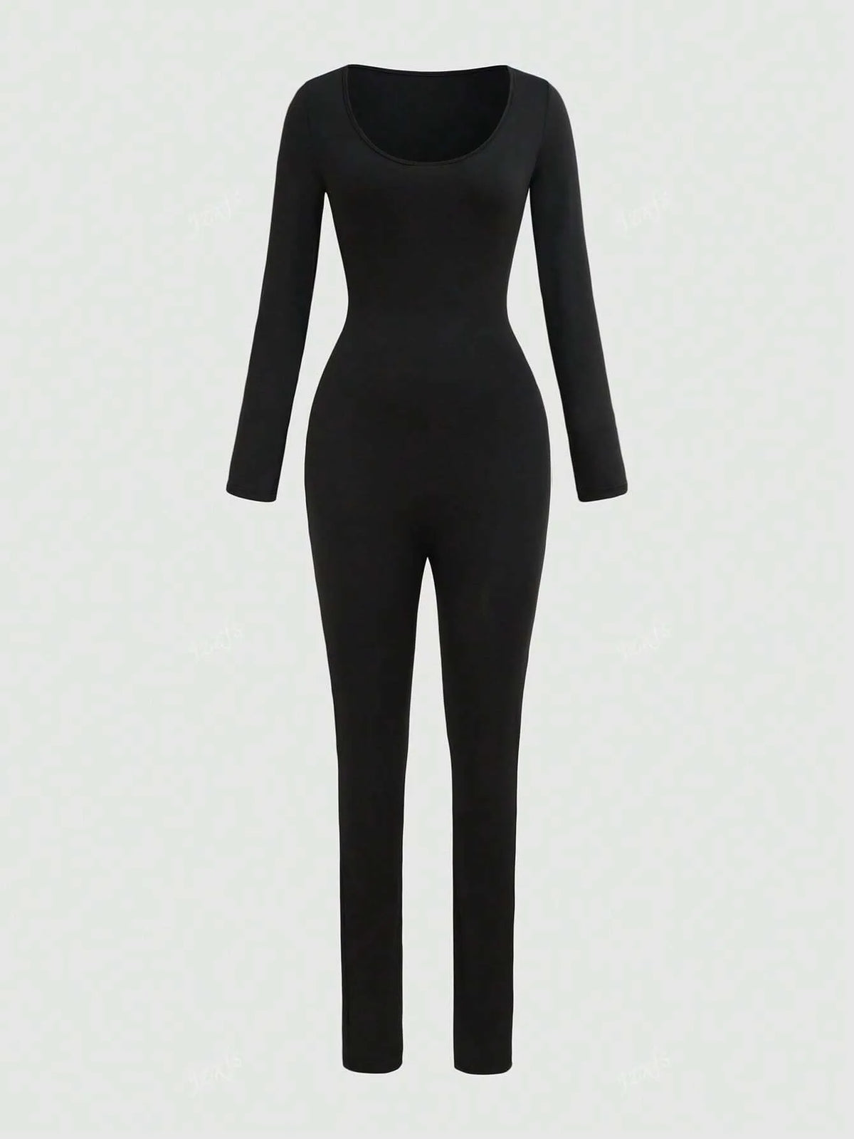Black long-sleeve scoop-neck fitted jumpsuit, front view on a light background