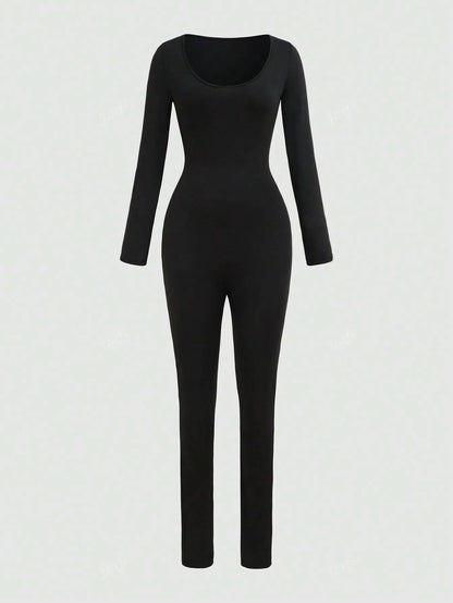 Black long-sleeve scoop-neck fitted jumpsuit, front view on a light background
