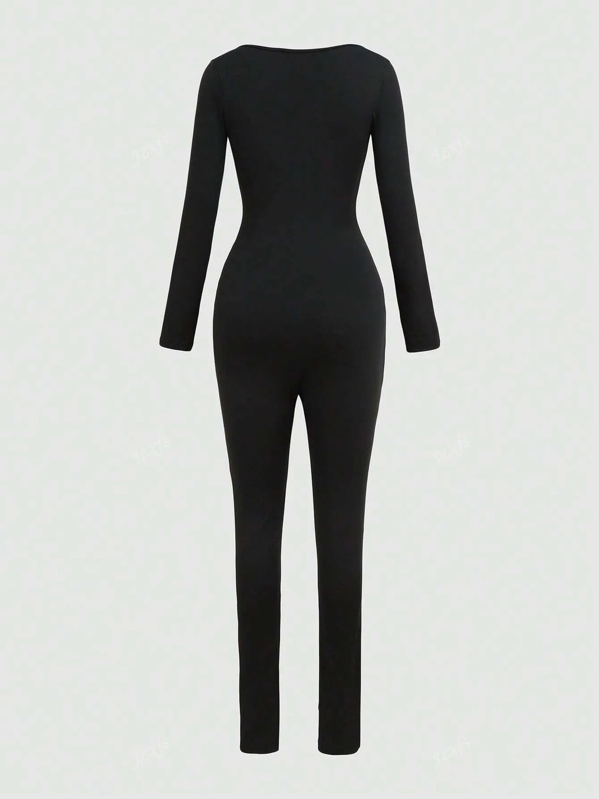 Black long-sleeve scoop-neck fitted jumpsuit, back view